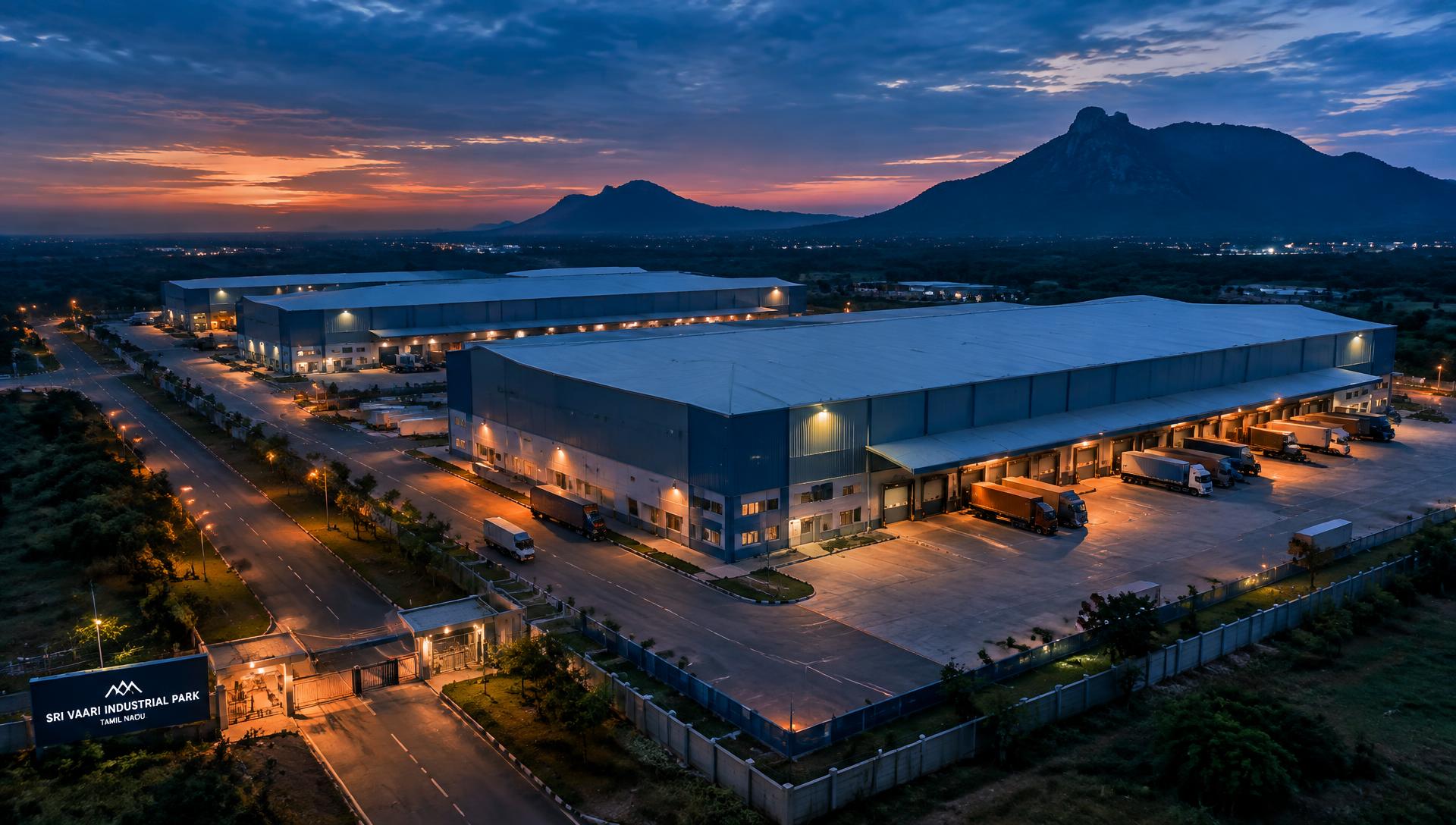 Industrial warehouse park in Tamil Nadu at dusk